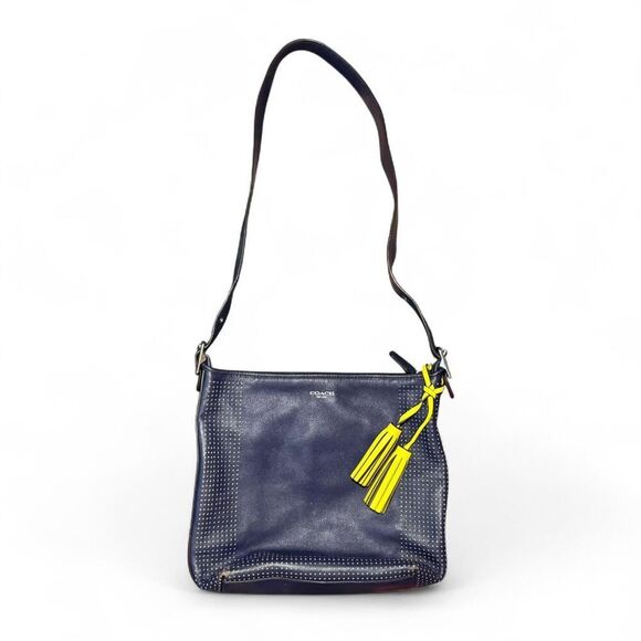 2013 Coach Legacy Navy Blue and Citrine with perforated leather Hobo Tote Bag - Picture 2 of 12